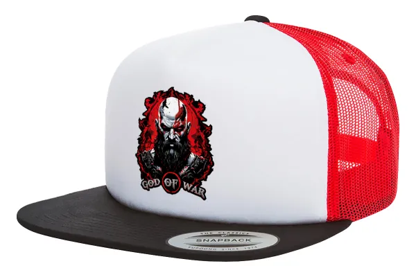 God of war — Adult Foam Flat Snapback with Mesh Black-White-Red (POLYESTER, ADULT, UNISEX, ONE SIZE)