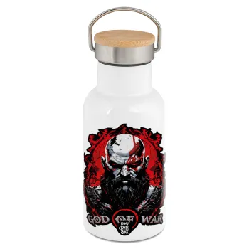 God of war, Metallic thermos (Stainless steel) White with wooden lid (bamboo), double-walled, 350ml