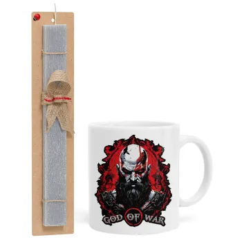 God of war, Πασχαλινή Λαμπάδα με Κούπα κεραμική (330ml) & κερί αρωματικό πλακέ (30cm) (ΓΚΡΙ)