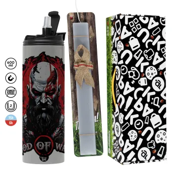 God of war, Easter candle with Grey Tumbler Thermo 600ml & aromatic flat candle (30cm) (GREY)
