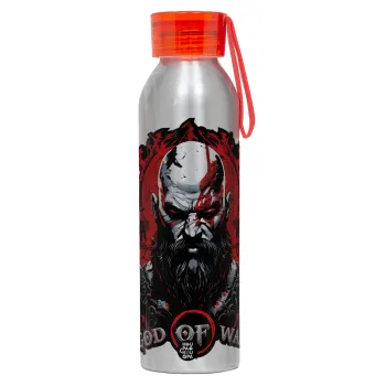 God of war, Αλουμινένιο Αθλητικό Μπουκάλι 650ml – Ασημί με Κόκκινο Καπάκι και Λουράκι Σιλικόνης