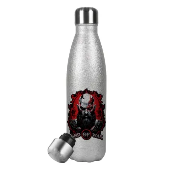 God of war, Μεταλλικό παγούρι θερμός Glitter Aσημένιο (Stainless steel), διπλού τοιχώματος, 500ml