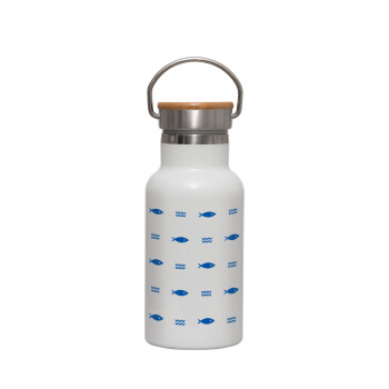 Fishing, Metallic thermos (Stainless steel) White with wooden lid (bamboo), double-walled, 350ml