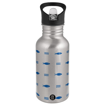Fishing, Water bottle Silver with straw, stainless steel 500ml