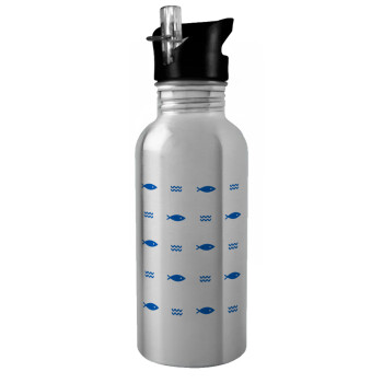 Fishing, Water bottle Silver with straw, stainless steel 600ml