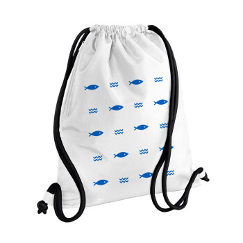 Ψαράκια, Τσάντα πλάτης πουγκί GYMBAG λευκή, με τσέπη (40x48cm) & χονδρά κορδόνια
