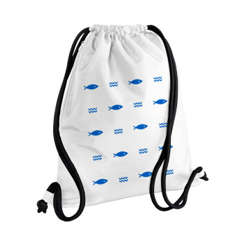 Fishing, Backpack pouch GYMBAG white, with pocket (40x48cm) & thick cords