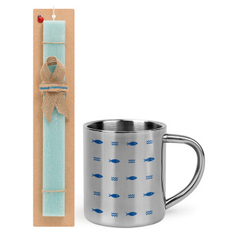 Fishing, Easter Set, metallic thermal cup (300ml) & aromatic flat Easter candle (30cm) (TURQUOISE)