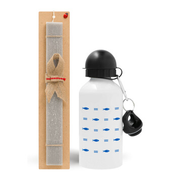 Fishing, Easter Set, metallic aluminum water bottle (500ml) & aromatic flat Easter candle (30cm) (GRAY)