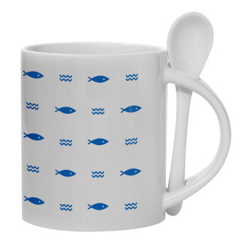 Fishing, Ceramic coffee mug with Spoon, 330ml (1pcs)