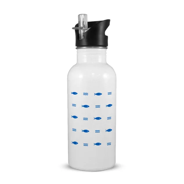 Fishing — White water bottle with straw, stainless steel 600ml