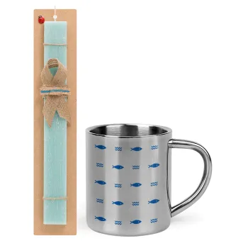 Fishing, Easter Set, metallic thermal cup (300ml) & aromatic flat Easter candle (30cm) (TURQUOISE)