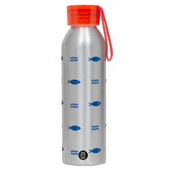 Ψαράκια, Αλουμινένιο Αθλητικό Μπουκάλι 650ml – Ασημί με Κόκκινο Καπάκι και Λουράκι Σιλικόνης