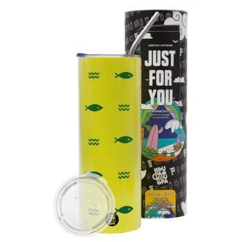 Ψαράκια, Neon Yellow Travel Tumbler θερμό, μεταλλικό καλαμάκι(Ανωξείδωτο 304 Food grade, BPA free, 600ml)