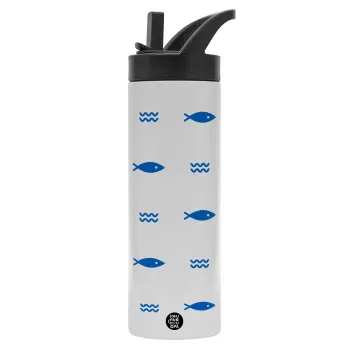Fishing, Metallic thermos bottle with straw & handle, stainless steel (Stainless steel 304), double-walled, 600ml.