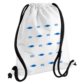 Fishing, Backpack pouch GYMBAG white, with pocket (40x48cm) & thick cords