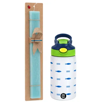 Fishing, Easter Set, Children's thermal stainless steel bottle with safety straw, green/blue (350ml) & aromatic flat Easter candle (30cm) (TURQUOISE)
