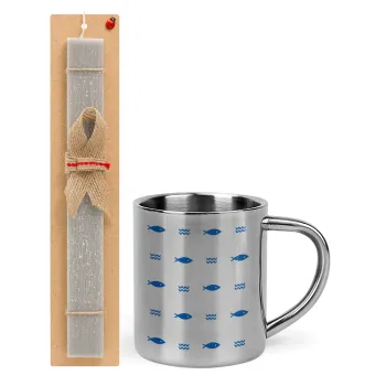 Fishing, Easter Set, metallic thermal cup (300ml) & Easter aromatic flat candle (30cm) (GRAY)