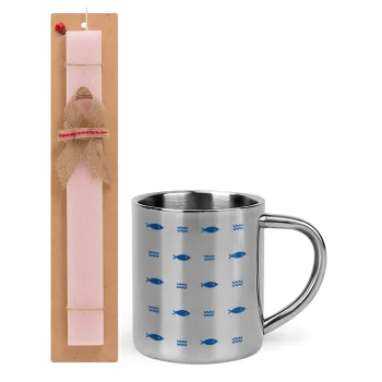 Fishing, Easter Set, metallic thermal cup (300ml) & aromatic flat Easter candle (30cm) (PINK)