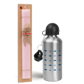 Fishing, Easter Set, metallic Silver aluminum water bottle (500ml) & scented flat Easter candle (30cm) (PINK)