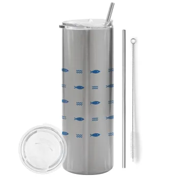 Fishing, Tumbler stainless steel Silver 600ml, with metal straw & cleaning brush