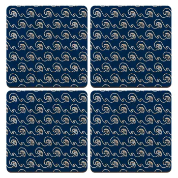 Μπλε Κύματα, ΣΕΤ x4 Σουβέρ ξύλινα τετράγωνα plywood (9cm)