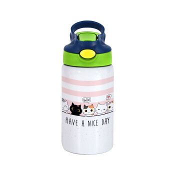Have a nice day cats, Children's hot water bottle, stainless steel, with safety straw, green, blue (350ml)