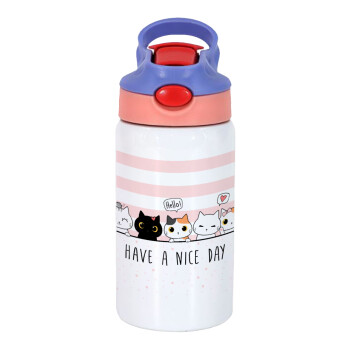Have a nice day cats, Children's hot water bottle, stainless steel, with safety straw, pink/purple (350ml)