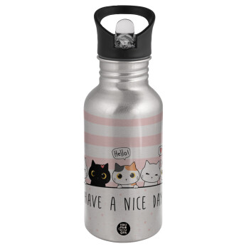 Have a nice day cats, Water bottle Silver with straw, stainless steel 500ml