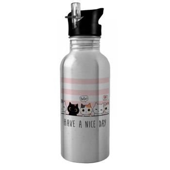 Have a nice day cats, Water bottle Silver with straw, stainless steel 600ml
