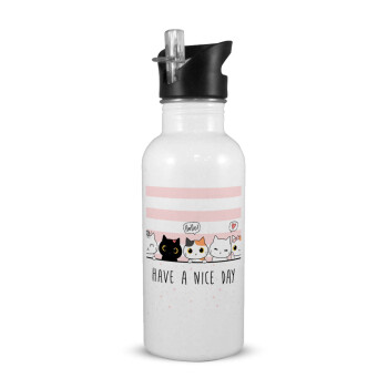 Have a nice day cats, White water bottle with straw, stainless steel 600ml