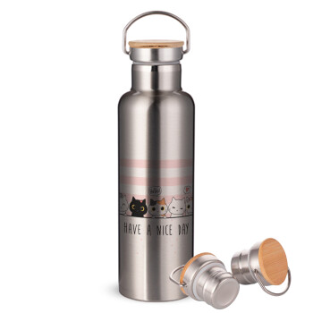 Have a nice day cats, Stainless steel Silver with wooden lid (bamboo), double wall, 750ml