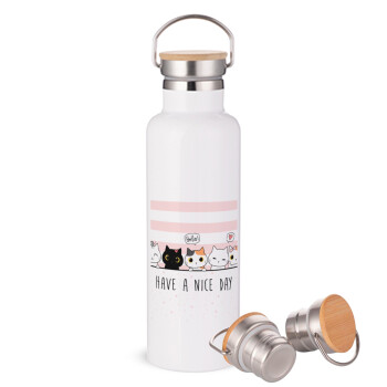 Have a nice day cats, Stainless steel White with wooden lid (bamboo), double wall, 750ml