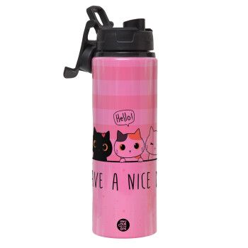 Have a nice day cats, Metallic water bottle with safety lid, 850ml aluminum