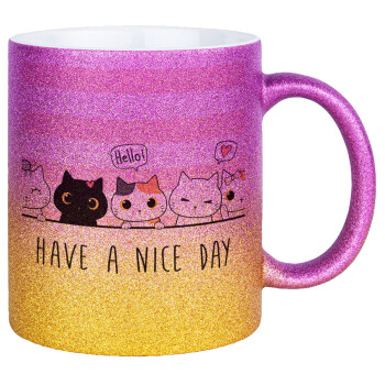 Have a nice day cats, Κούπα Χρυσή/Ροζ Glitter, κεραμική, 330ml