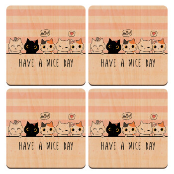 Have a nice day cats, ΣΕΤ x4 Σουβέρ ξύλινα τετράγωνα plywood (9cm)