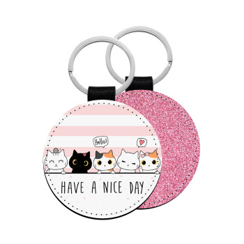 Have a nice day cats, Μπρελόκ Δερματίνη, στρογγυλό ΡΟΖ (5cm)