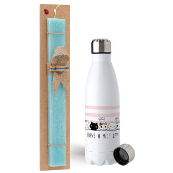 Have a nice day cats, Easter Set, metallic stainless steel water bottle (750ml) & aromatic flat Easter candle (30cm) (TURQUOISE)