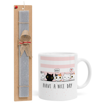 Have a nice day cats, Easter Set, Ceramic Cup (330ml) & Easter aromatic flat candle (30cm) (GRAY)