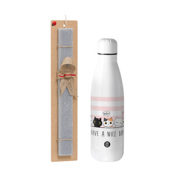 Have a nice day cats, Easter Set, metallic stainless thermos bottle (500ml) & scented flat Easter candle (30cm) (GRAY)