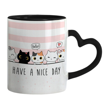 Have a nice day cats, Mug heart black handle, ceramic, 330ml