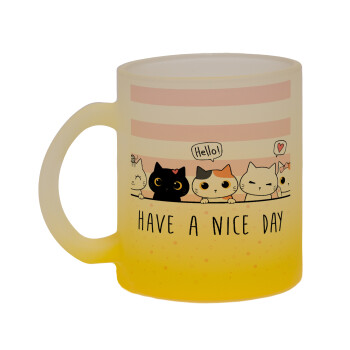 Have a nice day cats, Κούπα γυάλινη δίχρωμη με βάση το κίτρινο ματ, 330ml