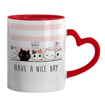 Have a nice day cats, Mug heart red handle, ceramic, 330ml