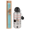 Easter Set, metallic silver aluminum water bottle (500ml) & scented flat Easter candle (30cm) (TURQUOISE)
