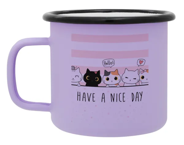 Have a nice day cats — Metal enamel mug, matte light pastel purple, 360ml