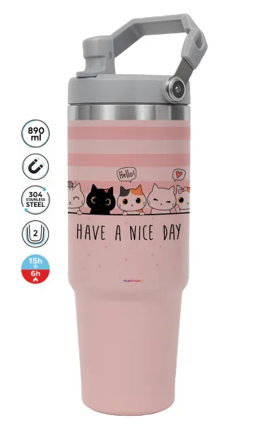 Have a nice day cats — PINK Travel Tumbler with Handle 890ml