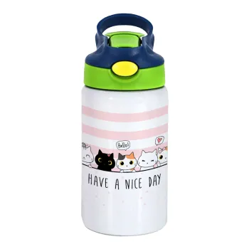 Have a nice day cats, Παιδικό παγούρι θερμό, ανοξείδωτο, με καλαμάκι ασφαλείας, πράσινο/μπλε (350ml)
