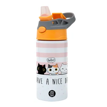 Have a nice day cats, Παιδικό παγούρι θερμό, ανοξείδωτο, με καλαμάκι ασφαλείας, Πορτοκαλί/Γκρι (360ml) BPA-FREE