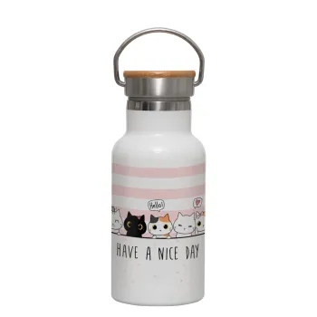 Have a nice day cats, Metallic thermos (Stainless steel) White with wooden lid (bamboo), double-walled, 350ml