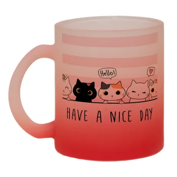 Have a nice day cats, Κούπα γυάλινη δίχρωμη με βάση το κόκκινο ματ, 330ml